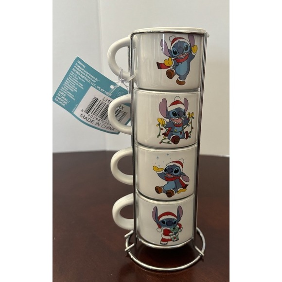 Disney Lilo & Stitch Christmas Holiday Stackable Espresso Coffee Mug Cup Set 4 - Picture 4 of 5